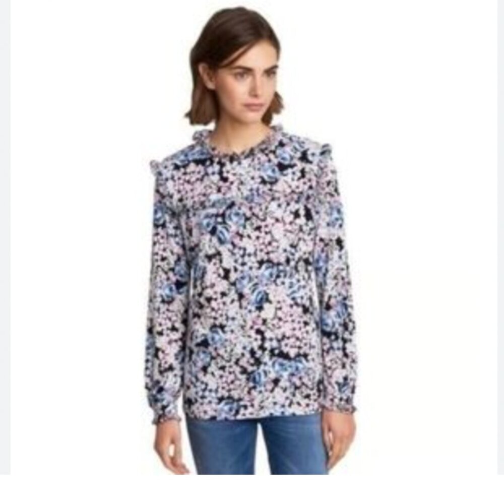 Karl Lagerfeld Paris Purple Black Floral Career Top Long Sleeve Size Medium